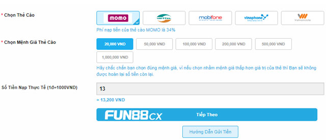 Bạn có thể nạp tiền Fun88 với nhiều mệnh giá thẻ cào