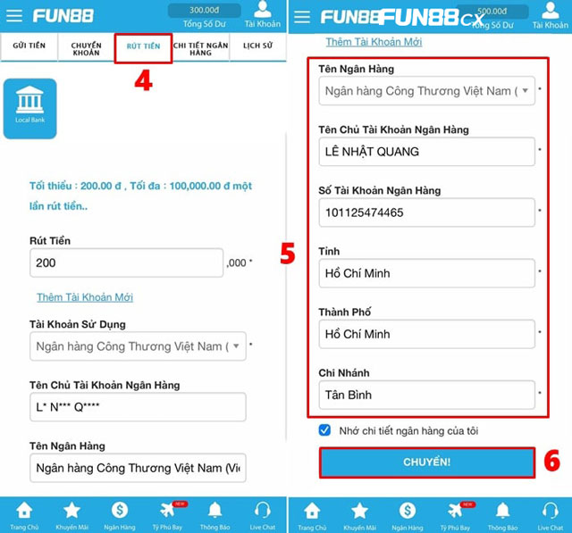 Các thao tác tạo lệnh rút tiền Fun88