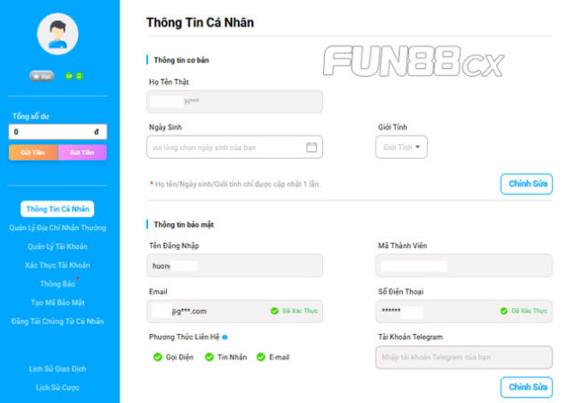 Cập nhật hồ sơ đăng ký Fun88