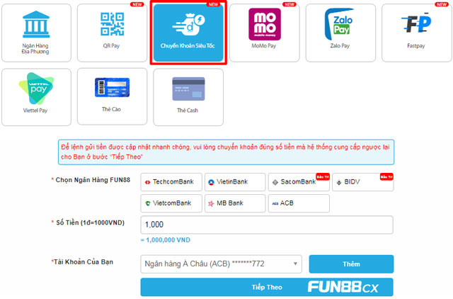 Hỗ trợ nạp tiền fun88 với phương thức chuyển khoản siêu tốc