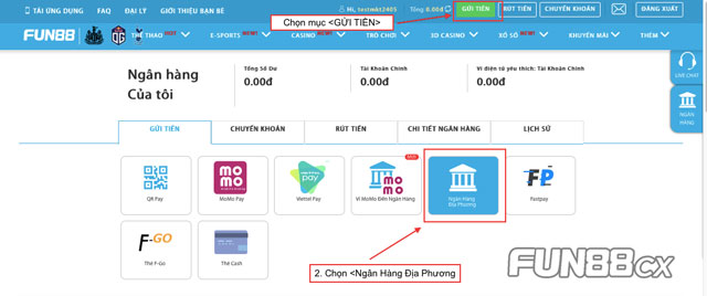 Nạp tiền Fun88 qua phương thức ngân hàng địa phương
