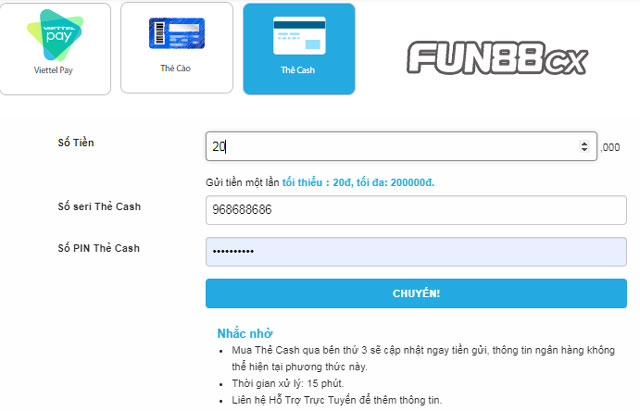 Nạp tiền Fun88 với thẻ Cash