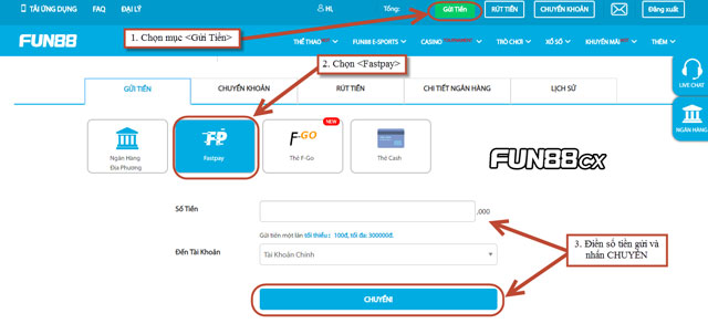 Thao tác nạp tiền Fun88 với Fastpay